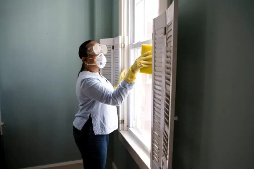 Gebäudereinigerin mit Schutzhandschuhen bei der Arbeit am Fenster – Website für Handwerksbetriebe