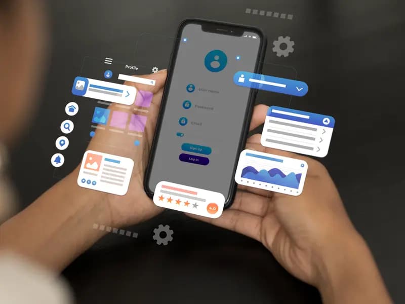 Smartphone mit eingeblendeten Profil- und Bewertungselementen – lokales SEO und Google-Unternehmensprofil