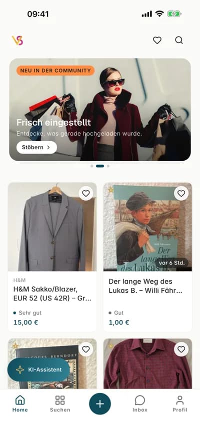Vesty-App: Startseite der App mit neuen Inseraten und KI-Assistent