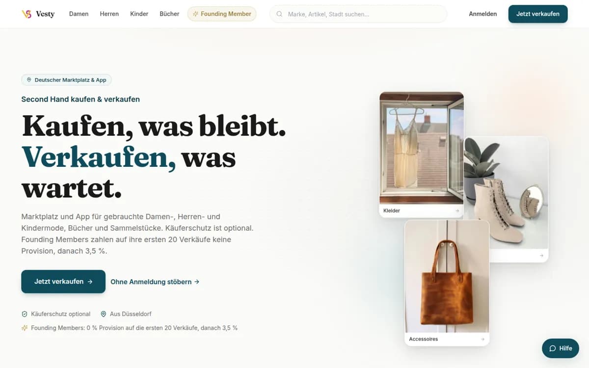 Vesty-Website: Startseite des Second-Hand-Marktplatzes