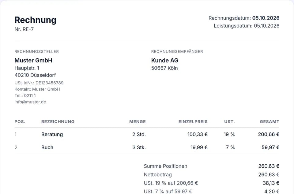 Screenshot des kostenlosen XRechnung-Viewers: E-Rechnung als lesbare Rechnung angezeigt